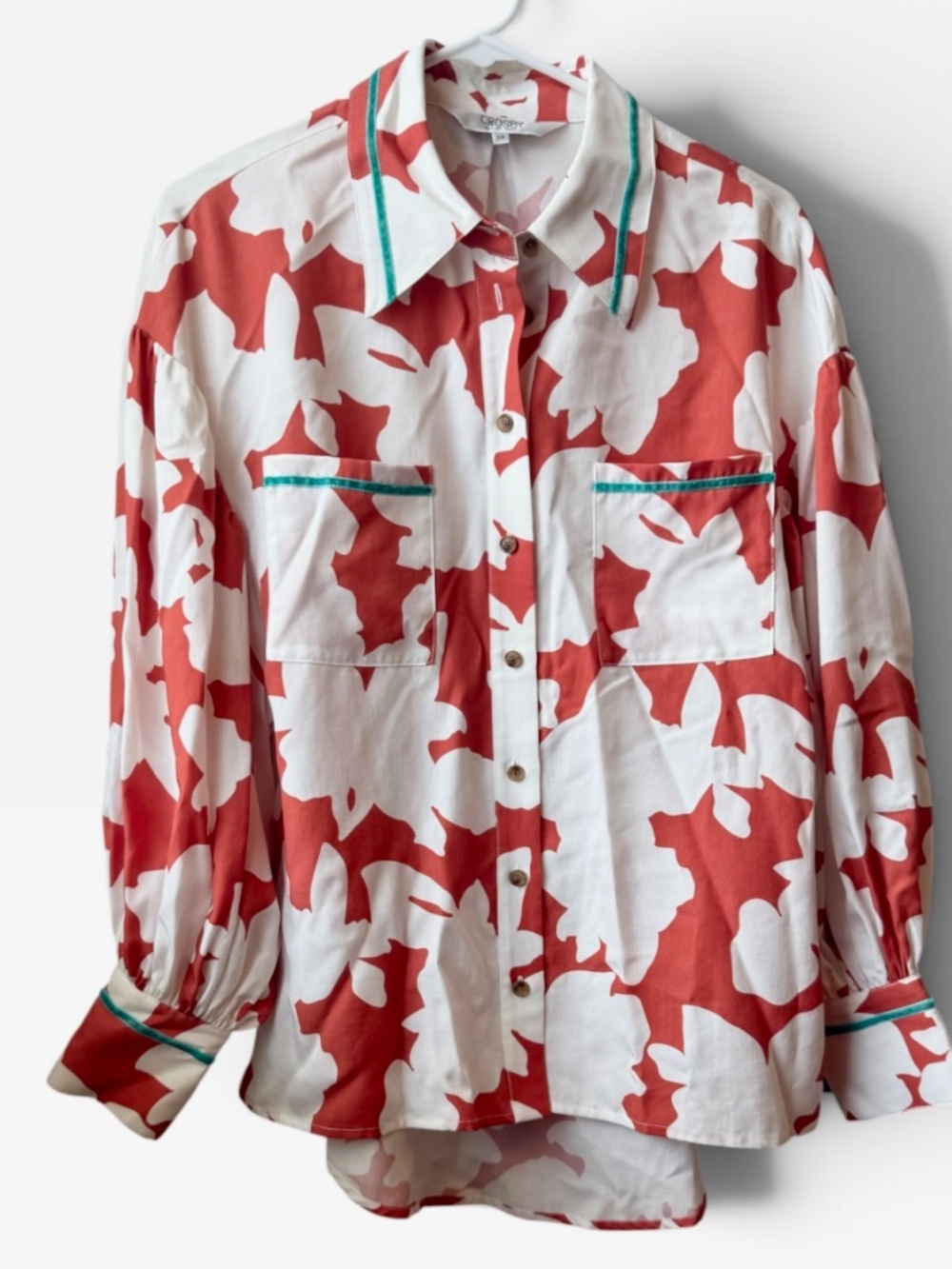 NWT CROSBY by Mollie Burch Orange White with Turquoise Piping Button Down Shirt